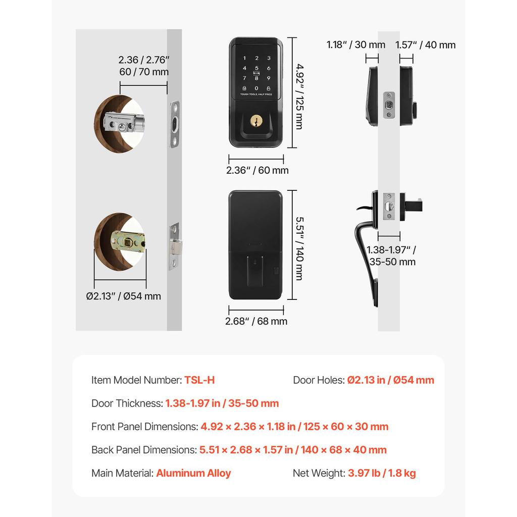 SucceBuy Schlüsselloses Türschloss-Set mit Tastatur, Riegelschloss mit IC-Karte, Anpassbare Codes, Automatisches Schloss, Anti-Spähen, Beleuchtet, für Zuhause