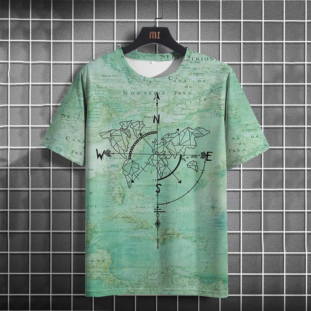 Maglietta vintage da uomo, estiva, americana, con stampa bussola, a maniche corte, comoda e comoda, abbigliamento casual da uomo per tutti i giorni.