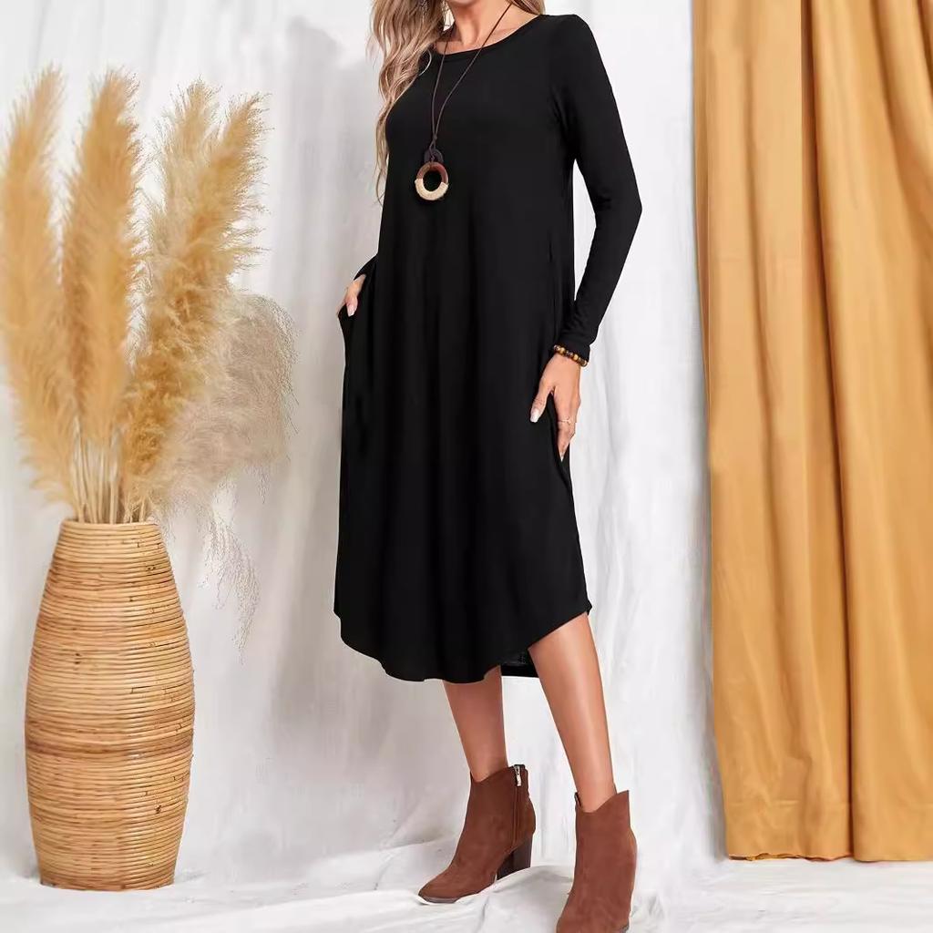 Women's Dress Long Sleeve Round Neck Mid-length Curved Hem Elegant Dress
