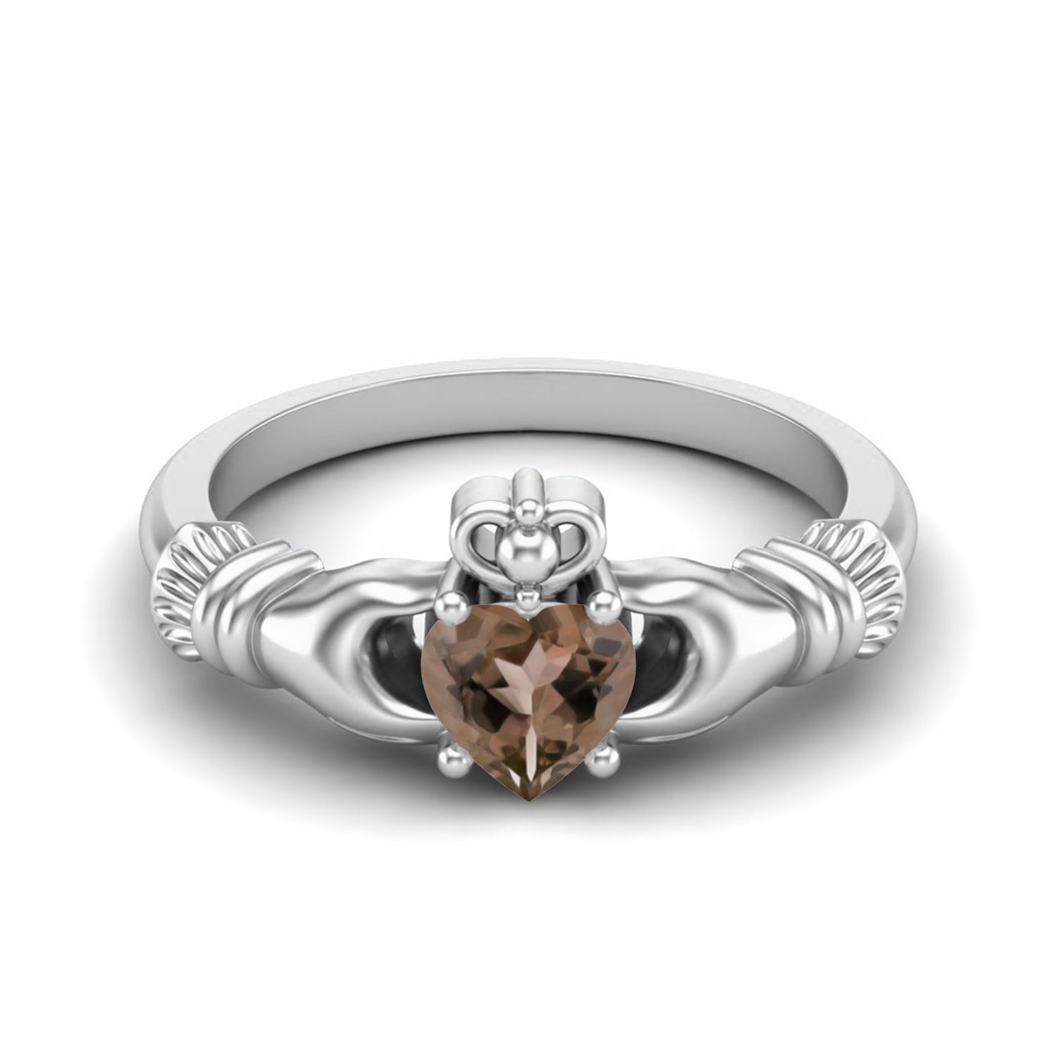 Irish Claddagh 5mm Heart Smoky Quartz 925 Sterling Silver Solitaire Women Wedding Ring 8
