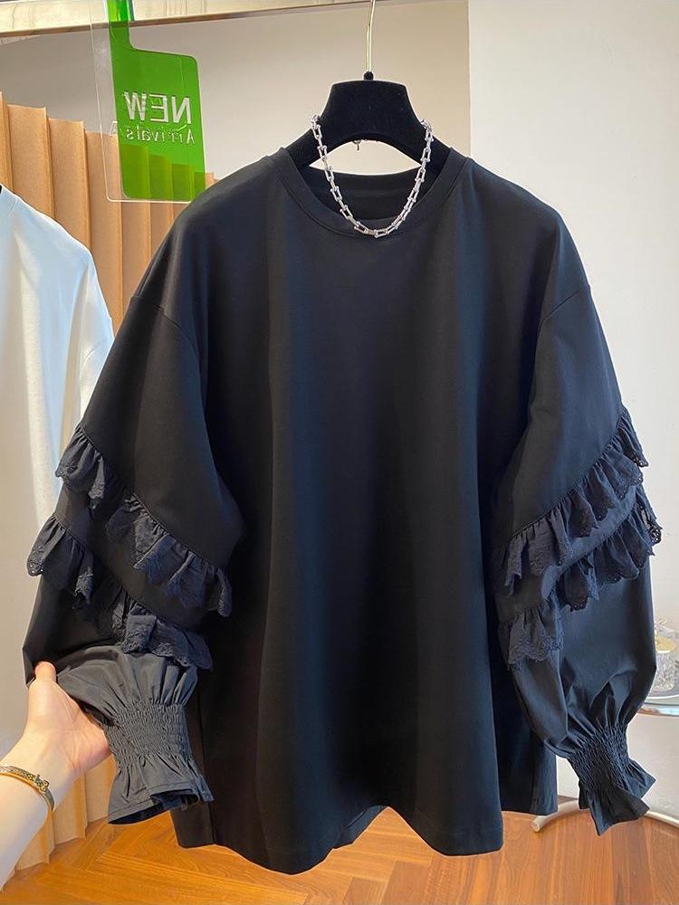French super fairy lace fungus edge splicing T-shirt women's long sleeves 1116 new loose casual beautiful crew neck top