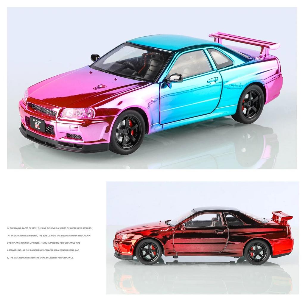 1/24 Nissan Electroplated GT-R GTR R34 Alloy Sports Car Model Diecasts Metal Track Racing Car Vehicles Model Sound Light Kids Toys Gift