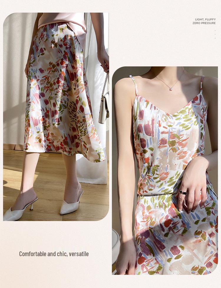 Women's High-Waist Silk A-Line Mid-Length Satin Skirt with Print