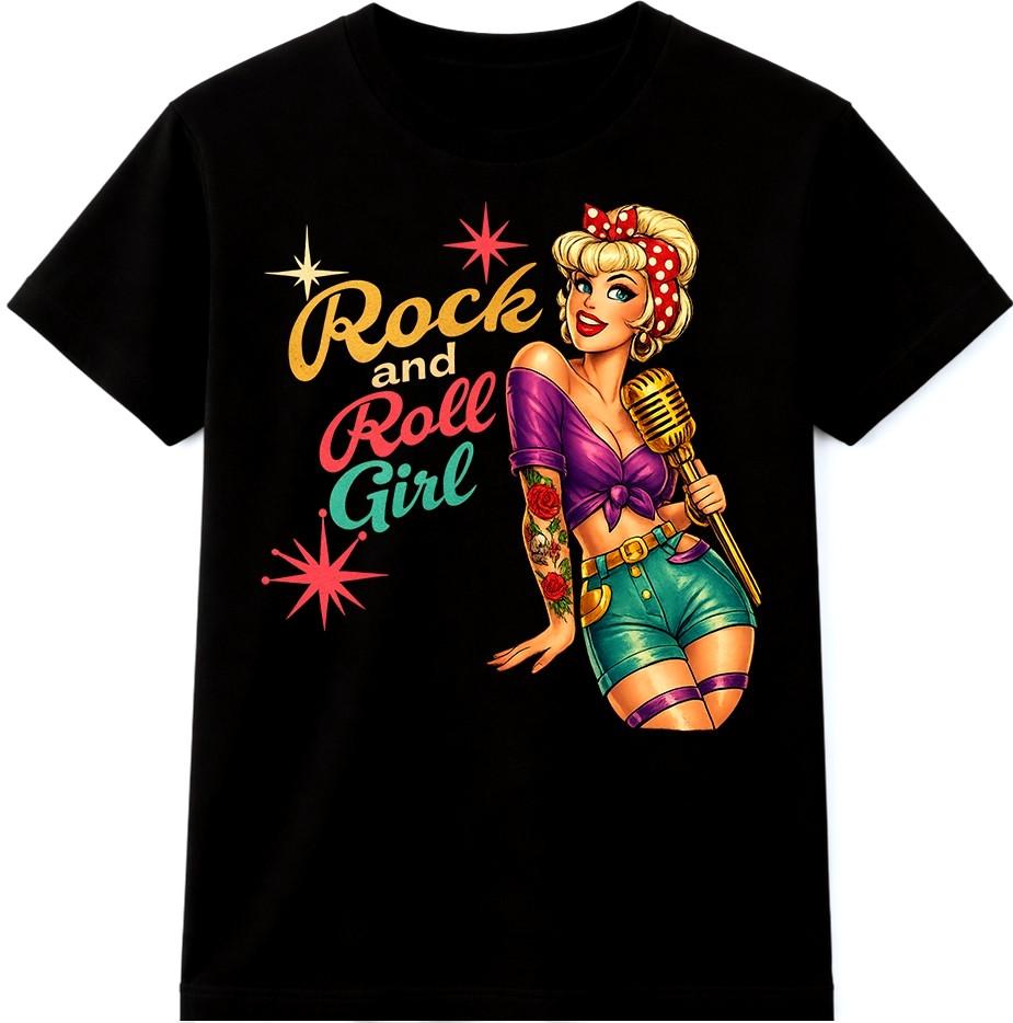 Rock Roll Girl T Shirt Retro Pin Up Singer Rockabilly Graphic Tee Top S разноцветный