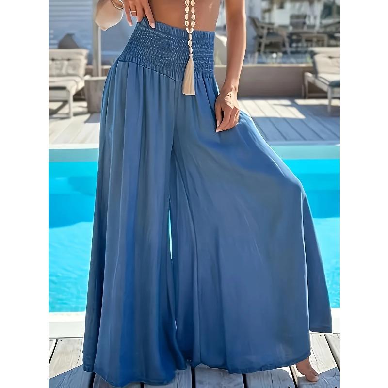 Spring Summer Solid Color High Waisted Ice Silk Trousers Casual Versatile Elastic Pocket Wide Leg Pant