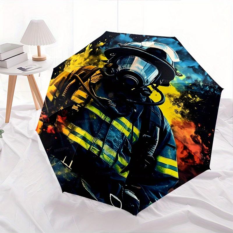 Firefighter, Heroic Automatic folding umbrella simple eight rib design, bright color pattern, durable iron frame, ideal for travel and outd
