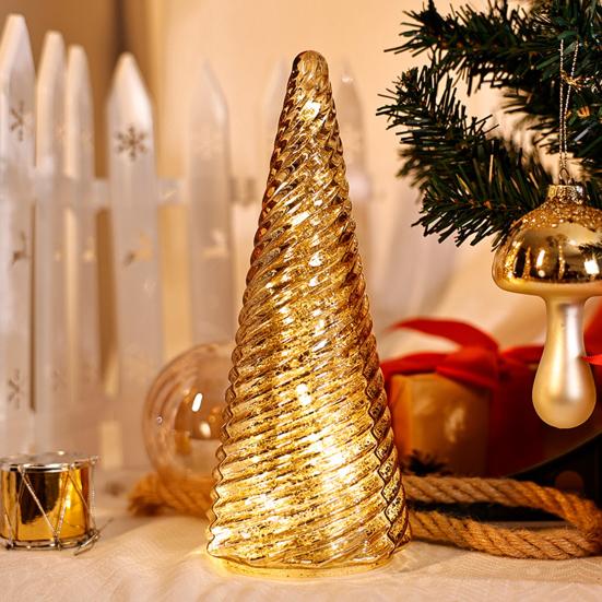 Illuminated Glass Christmas Tree Prelit Christmas Tree Figurine with LED Light Collection Crackled Glass