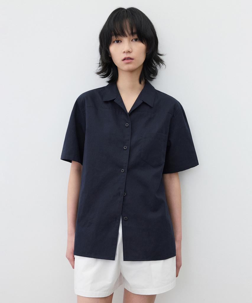 SUARE WOMEN Linen Cotton Open Collar Shirt - Navy