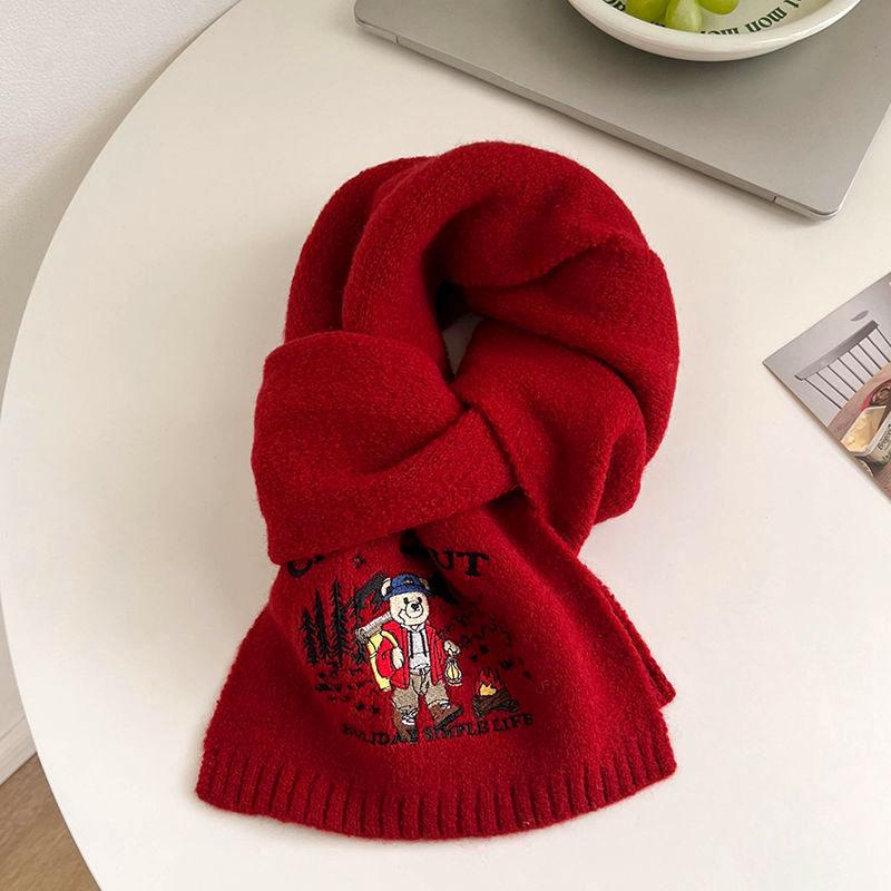 New autumn and winter embroidery bear men and women versatile solid color students cute winter warm knitted scarf