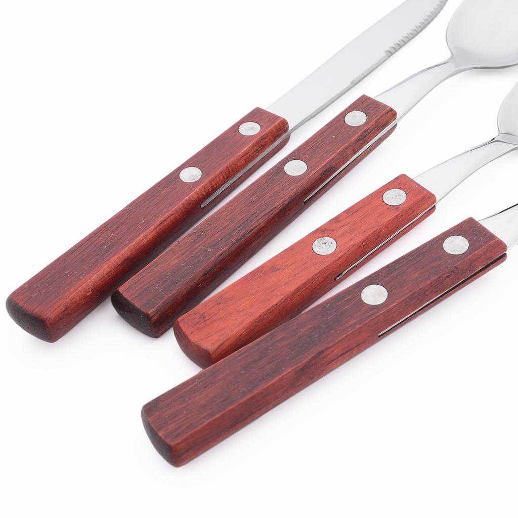 24pcs Red Wooden Handle Stainless Steel Dinnerware Set Steak Knife Fork Coffee Spoon Tableware Christmas Party Kitchen Flatware