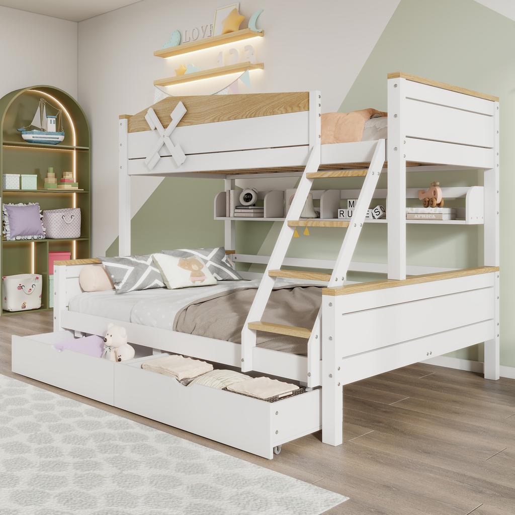 Bunk Bed with Windmill, Shelves, Color-Contrasted Safety Rail, Four-Step Angled Ladder and Drawers, Pine+MDF, White+Natural, 90x200cm&140x200cm