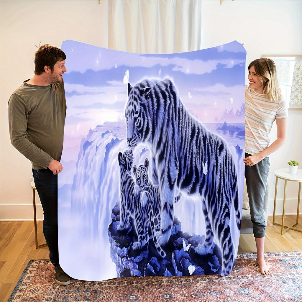 1pc Cozy White Tiger Print Blanket - Soft & Warm Flannel, 100% Polyester, Machine Washable, Perfect for Naps, Camping, Travel, O