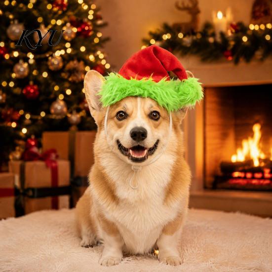 Adjustable Dog Cat Hat Christmas Pet Hat, Plush with Fuzzy Green Trim, Santa Photo Prop Elastic Band for Cats Dogs Festive Costume Accessory