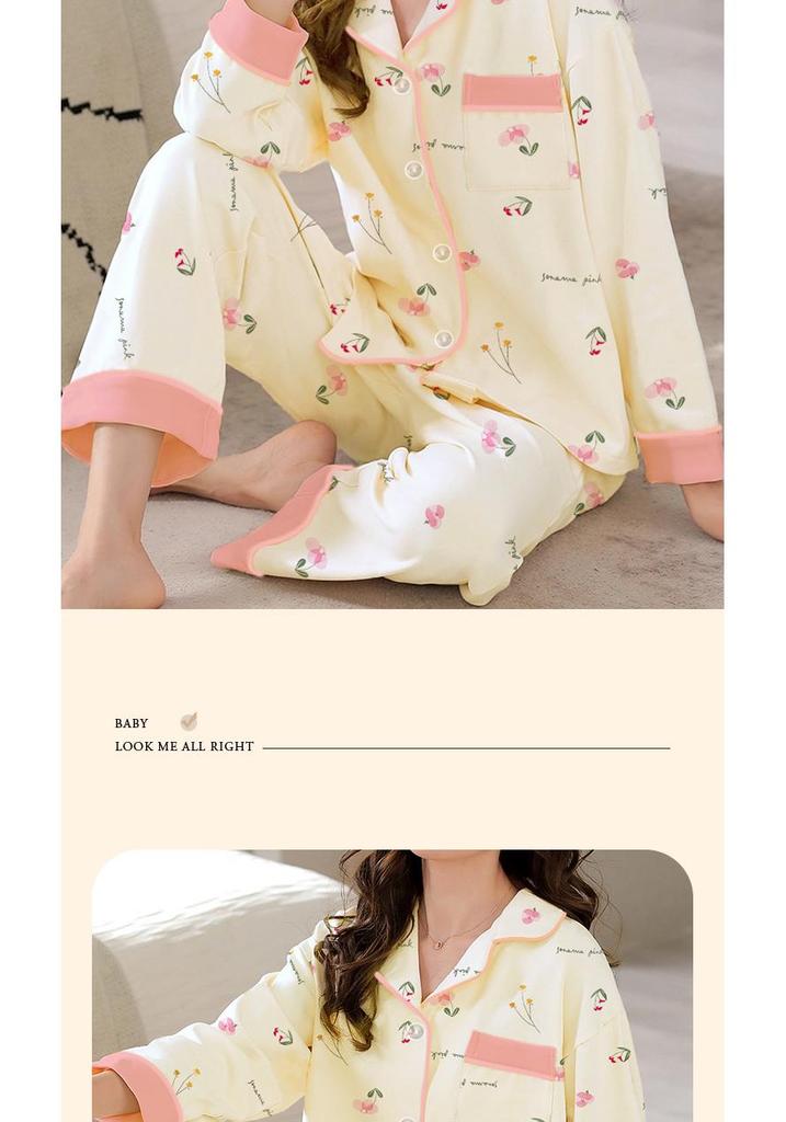 French Floral Faux Cotton Women's Pajama Set - Spring/Autumn Long Sleeve & Pants, Loose Cardigan Style for Middle-aged Women.