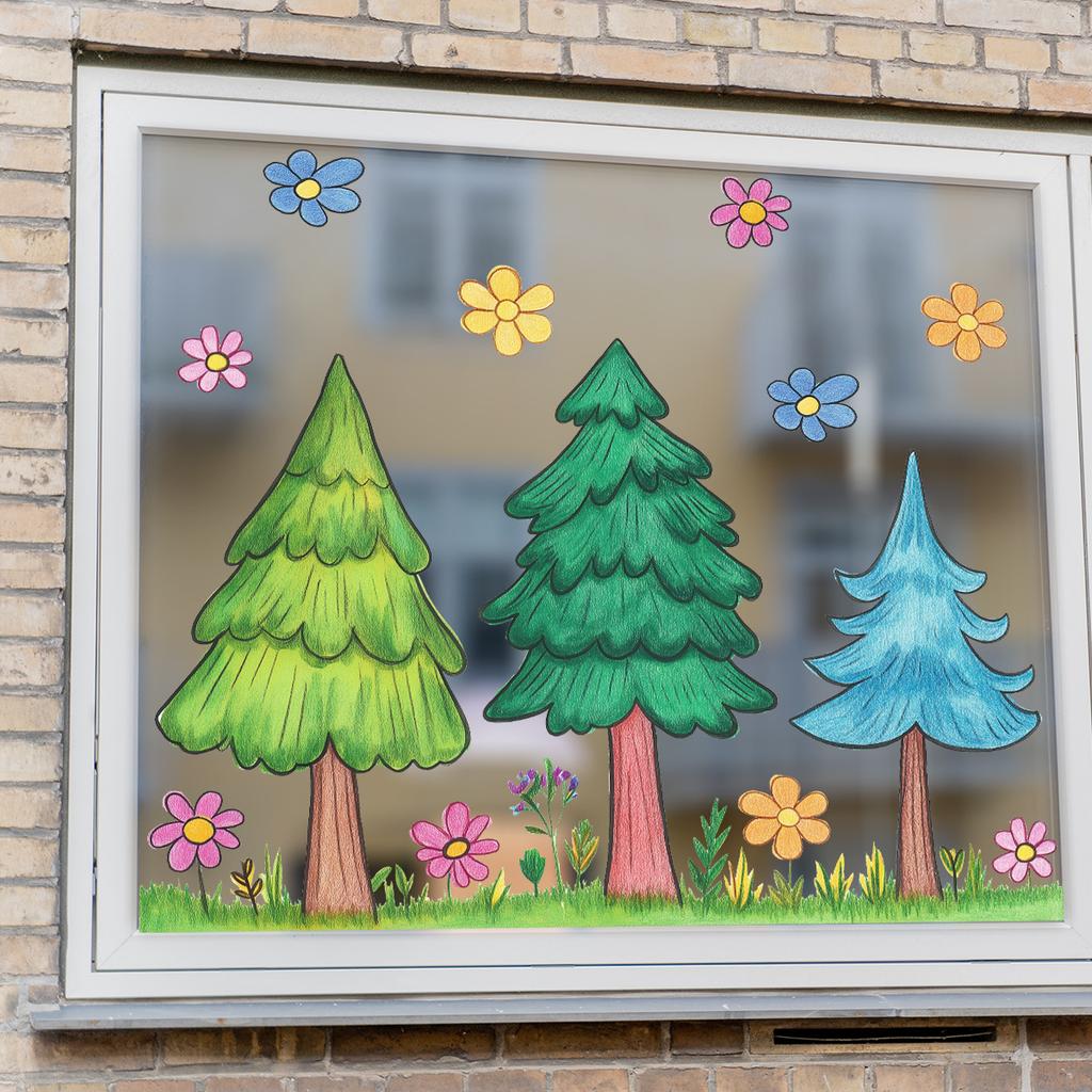 Cartoon Tree and Flower Window Stickers, Kindergarten Door and Window Decoration Stickers, Translucent Children's Room Glass Stickers