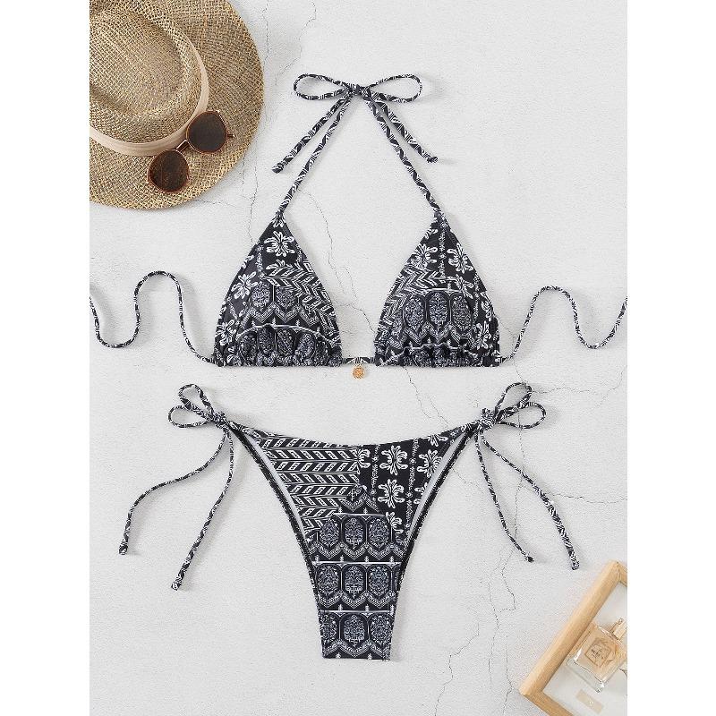 Women's Sexy Slim Fit Bikini Set, Tropical Print Halter Lace-up Triangle Swimsuit