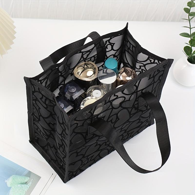 Mesh Heart Pattern Tote Bag – Lightweight, Breathable Travel & Beach Organizer with Dual Handles, Cosmetic Storage, and Stylish Cut-Out Design