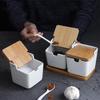 Simple Ceramic Seasoning Jar Bamboo Lid Spice Jar With Spoon Kitchen Sugar Salt Spices Storage Box Household Container