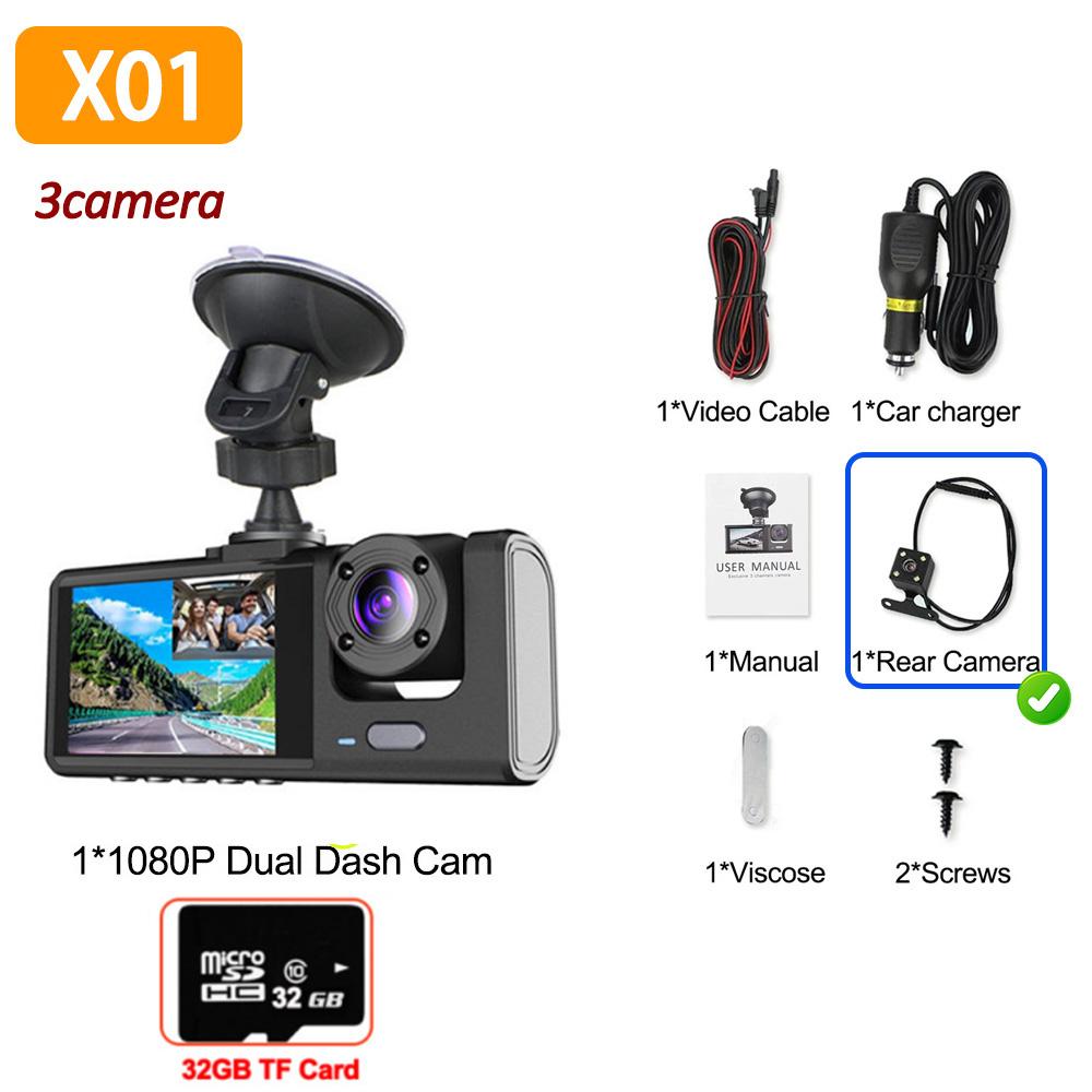 1080P Car Dvr 3 Camra Dash Cam for Cars Camera for Vehicle 2LENS Recorder Video Front Rear Camera W/ IR Night Vision Dashcam