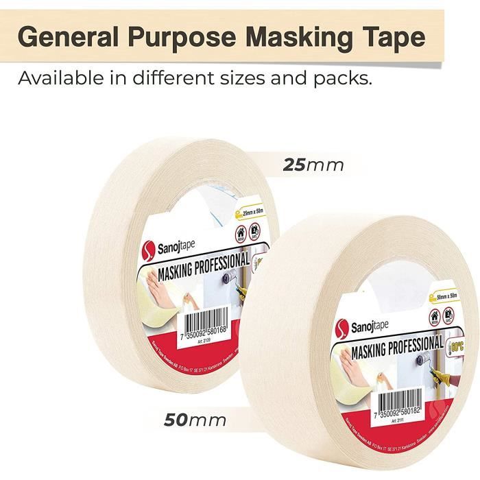 Ruban de Masquage à Usage Général 50mm x 50m | 2 Rouleaux pour les Travaux de Masquage et de Décoration de Peinture D'intérieur[719]