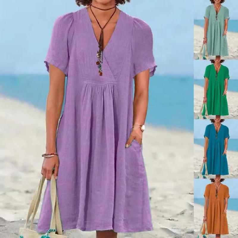 

Summer New Women s Casual Retro Cotton and Linen Short Sleeved Dress 3XL peacock синього кольору