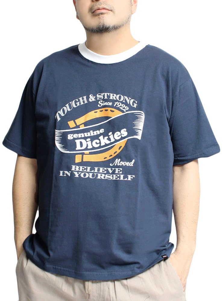 

GENUINE DICKIES Men s Short Sleeve T-Shirt with Border Ringer Logo Print, Crew Neck, Size 2L, Blue (65)
