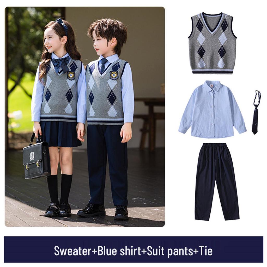 British-Style Primary School Sweater Vest & Uniform Set - Children's Spring/Autumn Performance Costume