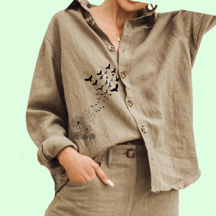 

Женская модная блузка с отложным воротником, женская повседневная рубашка с цветочным принтом из хлопка и льна на пуговицах 3XL хаки