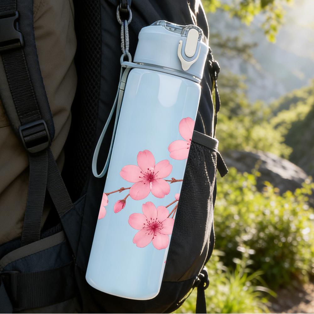 1PC Cherry Blossom Branch Pink Flower 750ml Color Plastic Sports Water Bottle Leakproof Flip Straw Lid Suitable for Sports Office Home Use