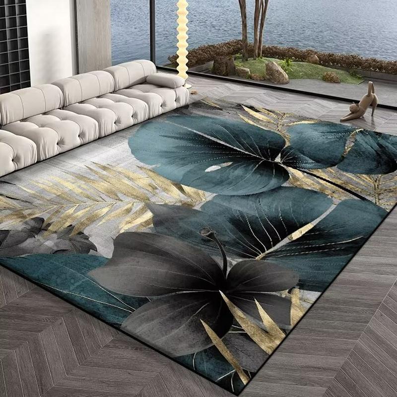 Luxury Dark Carpets for Living Room  Gold Flowers and Leaves Pattern Carpet Decoration Home Senior Mat