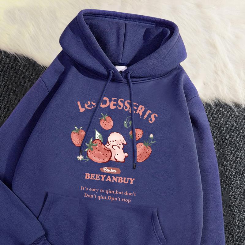 Cute Strawberry And Rabbit Printed Sweatshirt Pocket Soft Warm Breathable Pullover Autumn Winter Hoody