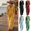 Simple Design Jumpsuit Women's Long Sleeve Jumpsuit, Deep V Neck Loose Wide Leg Casual Women Rompers, High Waist Summer One Piece Outfits with Pockets