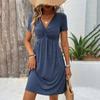 Women's Dress Solid Color V-neck Spring/summer Short Sleeve Breathable Fiber Ladies Casual Noble Slim New Knee-le