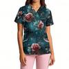 Women V Neck Short Sleeve Work Top with Pockets Halloween Print Floral Pattern Spider Web Design Casual Medical Scrub Shirt