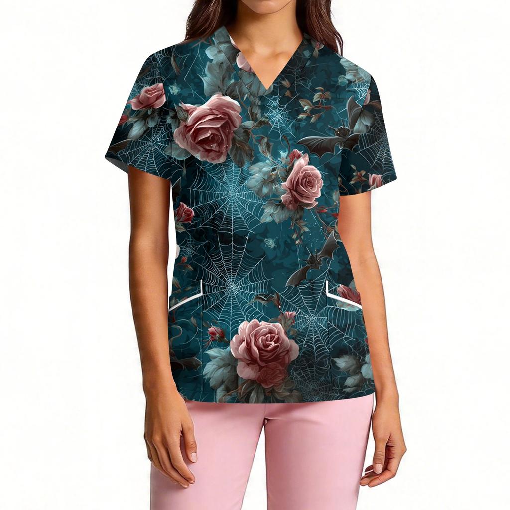Women V Neck Short Sleeve Work Top with Pockets Halloween Print Floral Pattern Spider Web Design Casual Medical Scrub Shirt