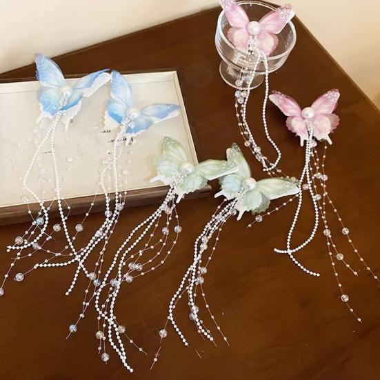 Girls Hair Pin Butterflies Decor Faux Pearls Beaded Long Tassel Hair Clip Wedding Prom Birthday Hair Barrette