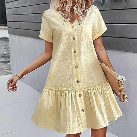 Women's Summer Cotton Linen Midi Dress Casual Short Sleeve V-Neck Button Down Dress Flowy Ruffled A-Line Beach Sundress