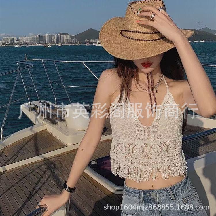 Seaside vacation new sexy vacation top lace-up knitted suspender beach hollow backless tube top short vest