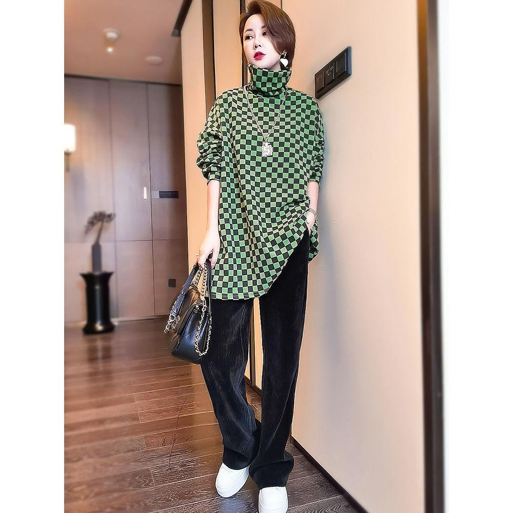 Herbst Neu Damen Groß Hoher Kragen Doppelseitiges Deutsches Samt Unterteil Shirt mit Mittellangem Unterteil Lockeres T-Shirt