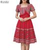 ZANZEA Women Casual Square Collar Short Sleeve Retro Print A-Line Dress