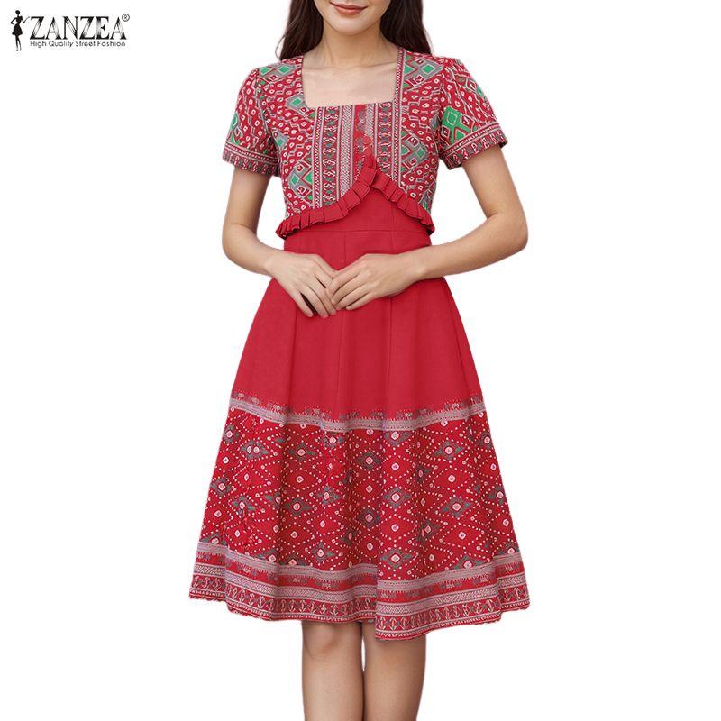 ZANZEA Women Casual Square Collar Short Sleeve Retro Print A-Line Dress