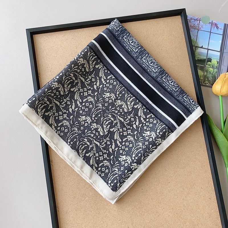 Women S Gray Blue Vintage Small Square Scarf For Neck Protection Decoration