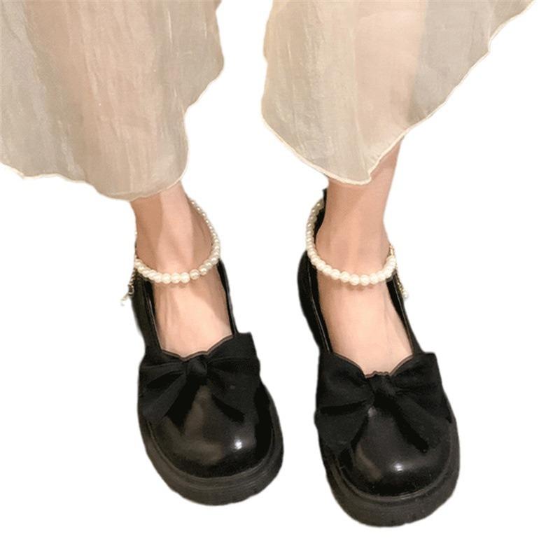 Mary Jane Shoes Women's Spring and Summer New Thick Heel Small Leather Shoes Pearl Bow Girl Single Shoes