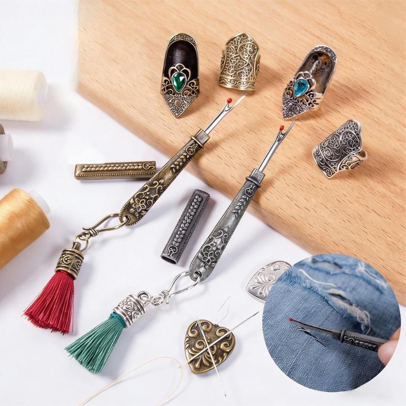 Retro Metal Seam Ripper With Magnetic Needle Threader And Thimble Finger Cover For Sewing Clothing Repair and Tailoring