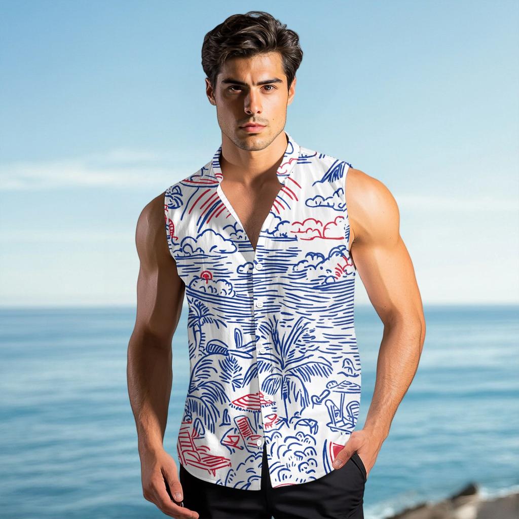 Men's Fashion Printed Sleeveless Lapel Button-Down Shirt Vest Top