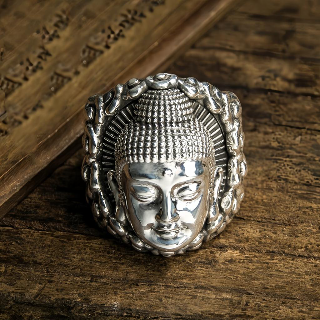 Anello Grande Aperto Retro Vairocana Buddha Per Uomini Rame Placcato Argento Punk Gotico Edgy Accessori Buddismo Benedizione Regalo