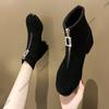 Feiern Sie Herbst und Winter Schwarze Stiefeletten mit dickem Absatz Mode Wildleder Reißverschluss vorne Kurze Stiefel für Damen Retro Damenschuhe