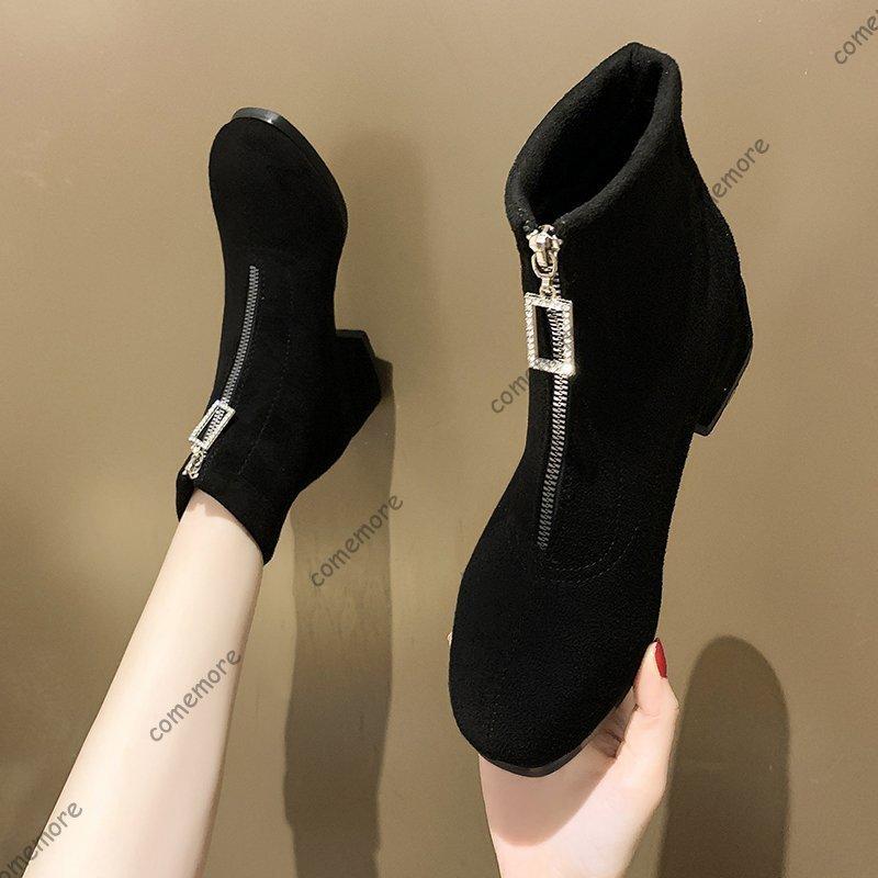 Feiern Sie Herbst und Winter Schwarze Stiefeletten mit dickem Absatz Mode Wildleder Reißverschluss vorne Kurze Stiefel für Damen Retro Damenschuhe