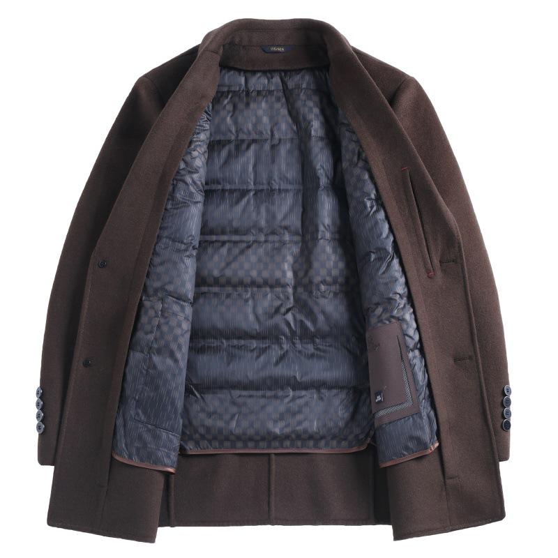 Men's Mid-Length Double-Sided Cashmere Coat with Detachable Down Liner, Casual Wool Suit for Middle-Aged