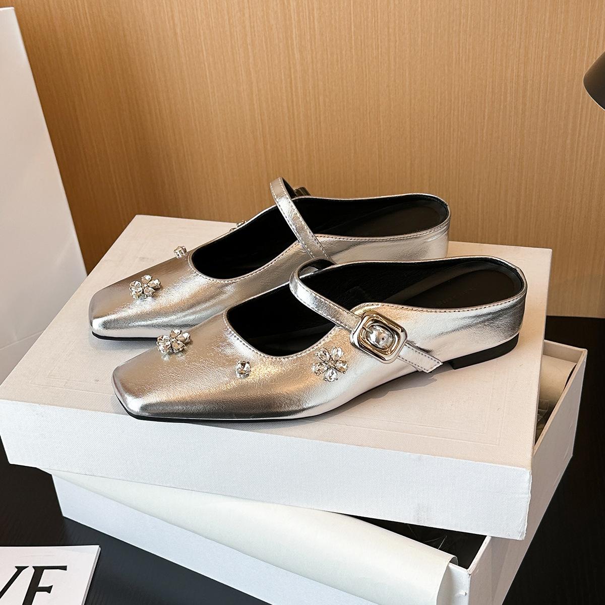 

361-1 Свежие туфли с цветком из страз, на скрытой платформе, Мюли, повседневные, в стиле OL, на среднем каблуке, с квадратным носком, с открытой пяткой 40 серебряный